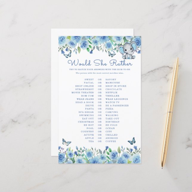 Elephant Blue Voudrait-Elle Plutôt Baby shower Jeu (Devant/Arrière en situation)