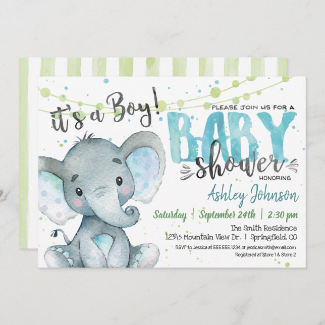 Elephant Boy Baby shower invitation Bleu et vert (Devant / Derrière)