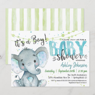 Elephant Boy Baby shower invitation Bleu et vert