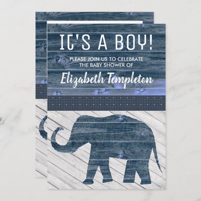 Elephant C'est un garçon Baby Shower Invitations (Devant / Derrière)