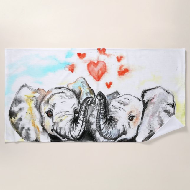 Eléphant Couple Beach Serviette Love Peinture (Devant)