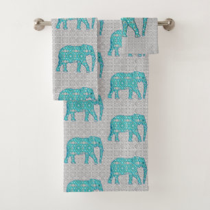 Eléphant de Fleur Mandala, Turquoise, Gris & Blanc