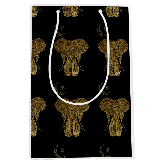 Eléphant d'or sur sac cadeau arrière - plan noir (Devant)