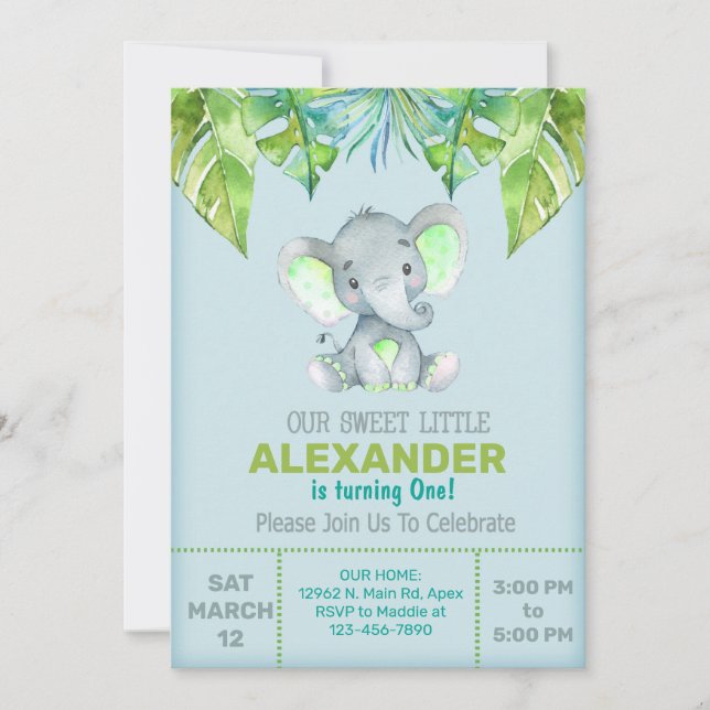 Elephant & feuille invitation d'anniversaire garço (Devant)