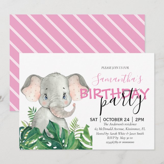 Elephant fille Faire-part ANNIVERSAIRE (Devant / Derrière)