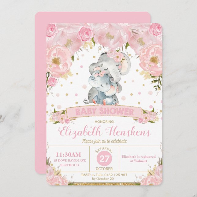 Eléphant Floral Baby shower Invitation fille (Devant / Derrière)