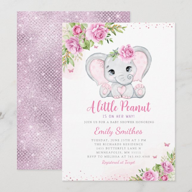 Eléphant Floral Baby shower Invitation fille (Devant / Derrière)