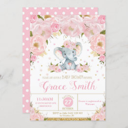Eléphant Floral Baby shower Invitation fille