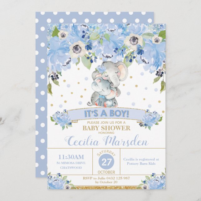 Elephant Floral Baby shower Invitation Garçon (Devant / Derrière)