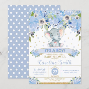 Elephant Floral Baby shower Invitation Garçon