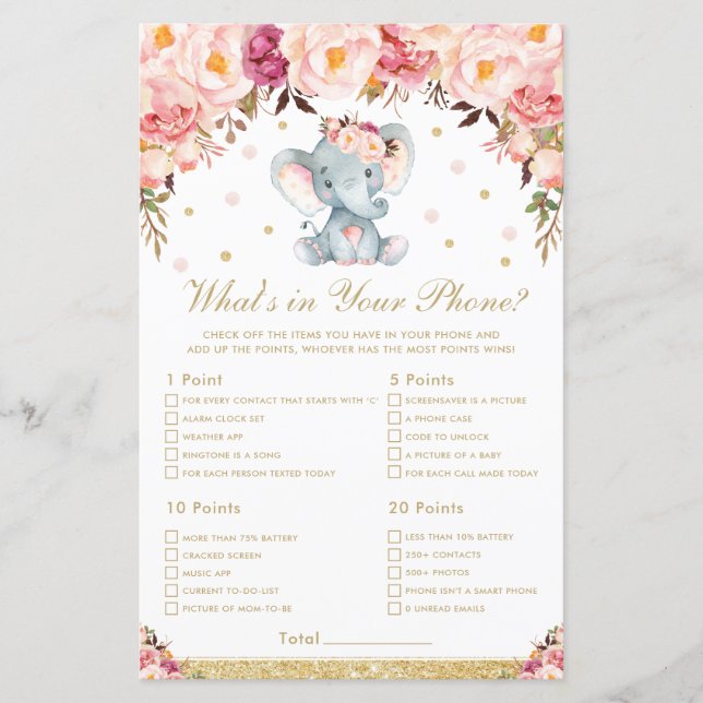 Eléphant Floral Blush What's In Your Phone Game (Devant)