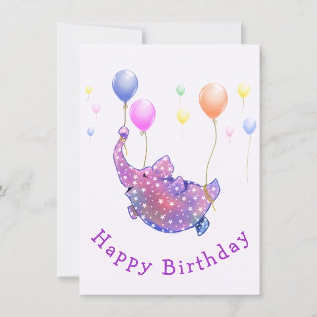 Elephant Flying with Balloons Baby Birthday Card (Devant)