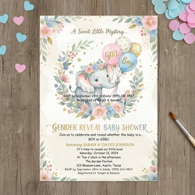 Elephant Gender Reveal Invitation | Pink & Blue Fl (Créateur téléchargé)