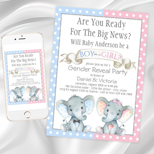 Elephant Genre Révéler Baby Shower Invitations (Elephant Gender Reveal Baby Shower Invitations. Instant Download and printed invitations available.)