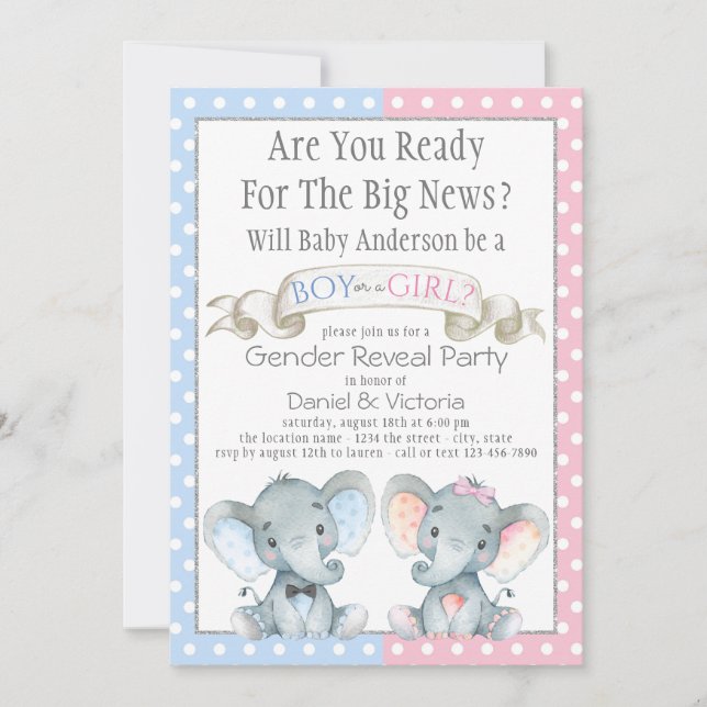 Elephant Genre Révéler Baby Shower Invitations (Devant)