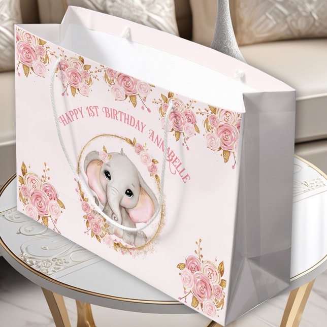 Elephant Girl rose 1er anniversaire Grand sac cade (Elephant Girl Pink 1st Birthday Large Gift Bag)