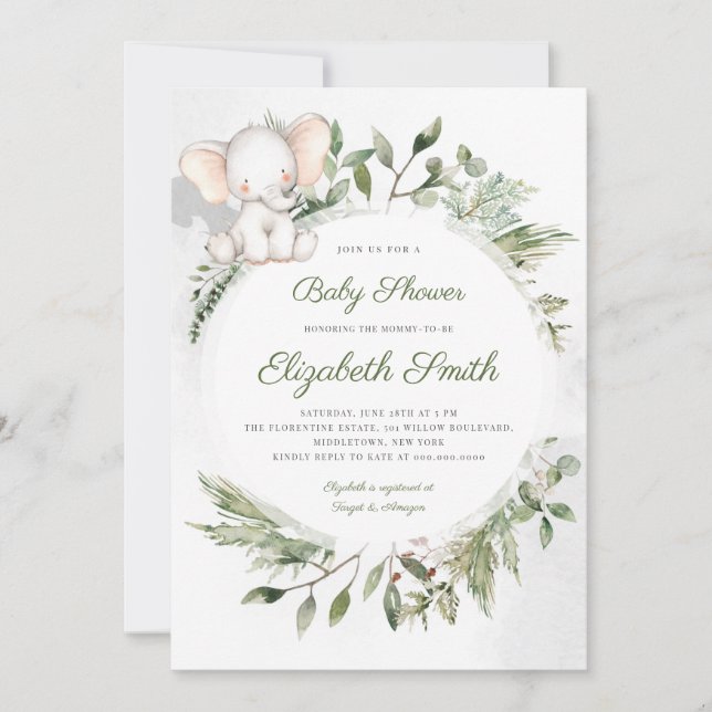 Elephant Green Foliage Baby shower Invitation (Devant)