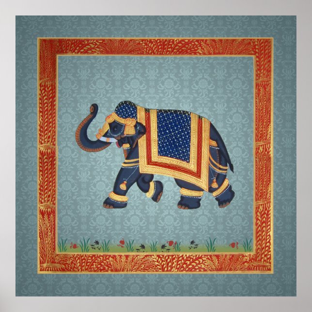 Eléphant indien bleu gris rouge or Poster (Devant)
