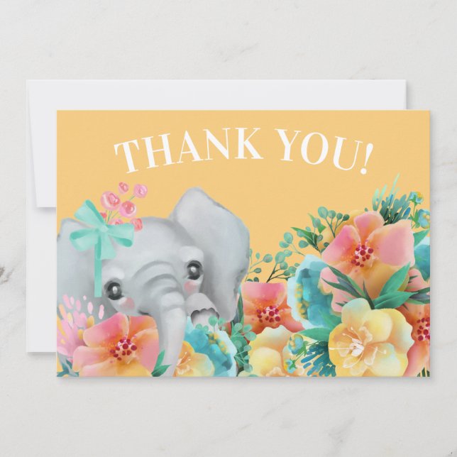Éléphant Jaune Rose Turquoise Floral Merci (Devant)