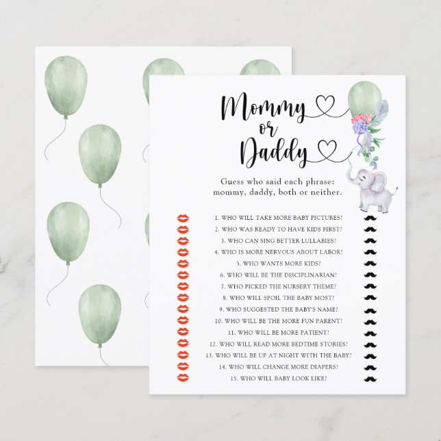Éléphant - jeu de baby shower maman ou papa (Devant / Derrière)