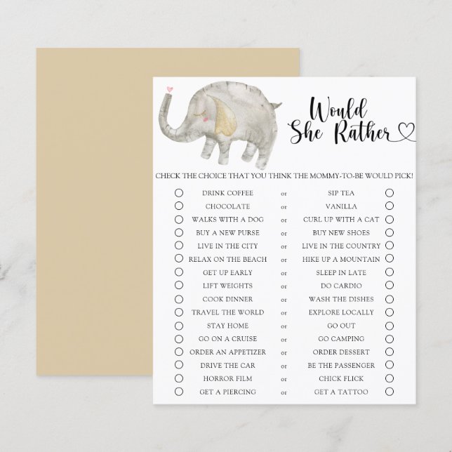Éléphant / Jeu de Baby Shower Préférez-Vous Bébé (Devant / Derrière)