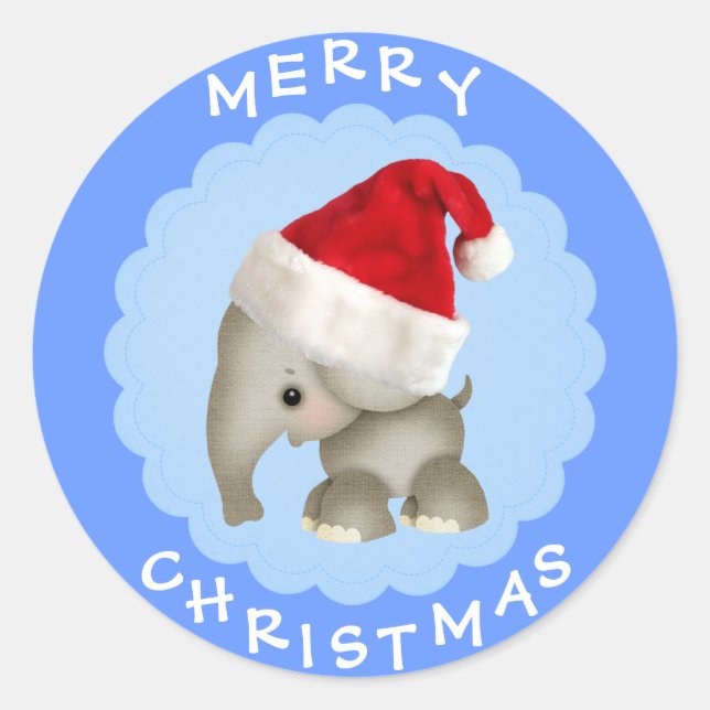Eléphant mignon à Santa Hat Bleu Stickers de Noël (Devant)