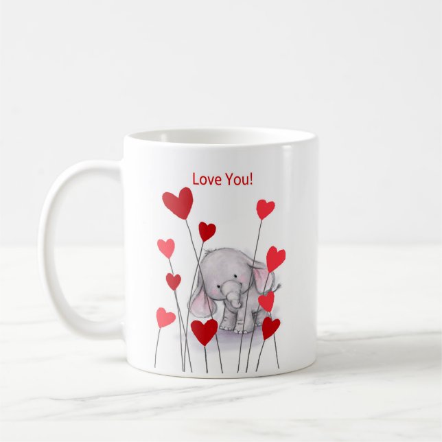 Éléphant mignon avec la tasse rouge de coeurs (Gauche)
