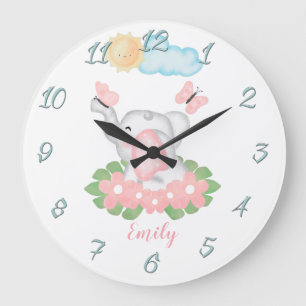 Eléphant mignon bébé avec fleurs roses Mur Horloge