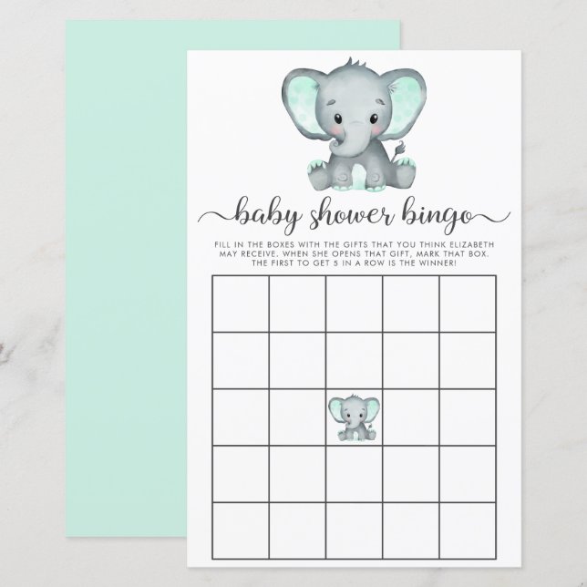 Elephant Mint Aquarelle bébé Bingo Douche Jeu (Devant / Derrière)