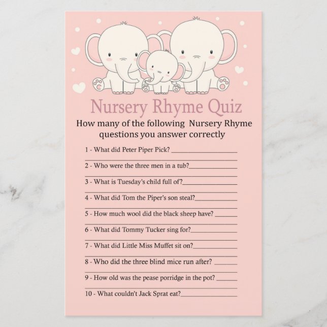 Elephant Nursery Rhyme jeu de baby shower (Devant)