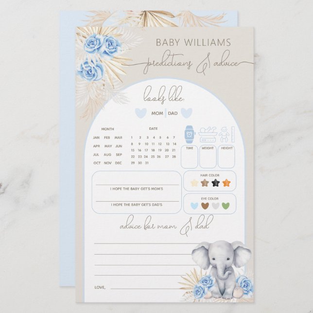 Elephant Oh Boy Safari Baby shower de prédiction J (Devant / Derrière)