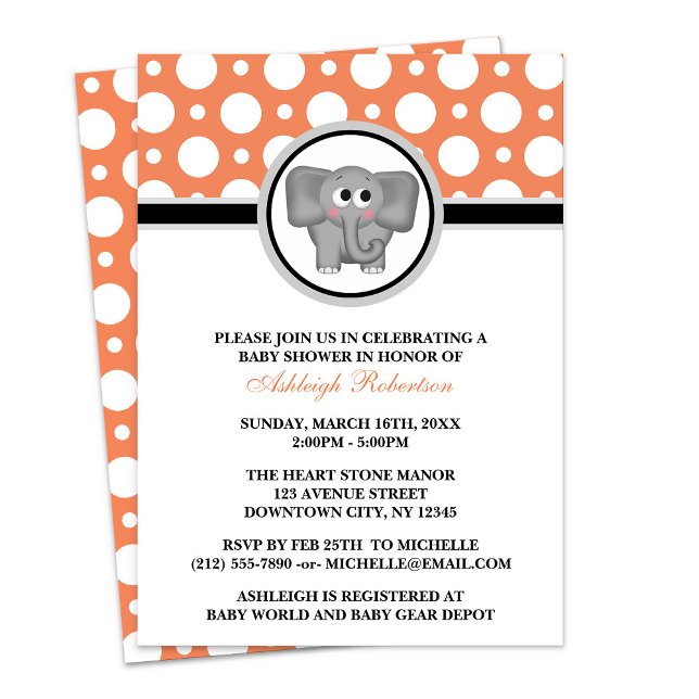 Elephant Orange Polka Dot Baby Douche Invitations (Elephant Orange Polka Dot Baby Shower Invitations at Having Baby on Zazzle.)