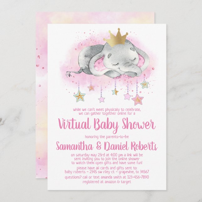 Elephant Princesse Baby shower virtuel Invitation (Devant / Derrière)