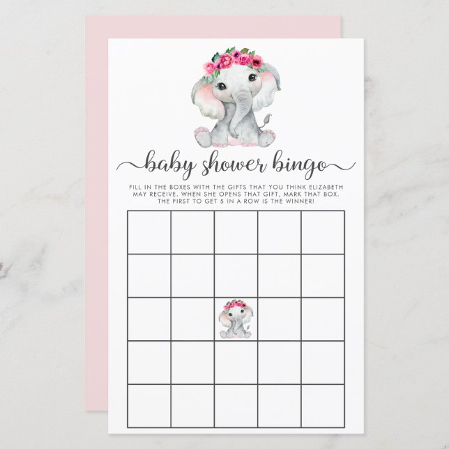 Elephant rose Aquarelle Bingo Baby shower Jeu (Devant / Derrière)