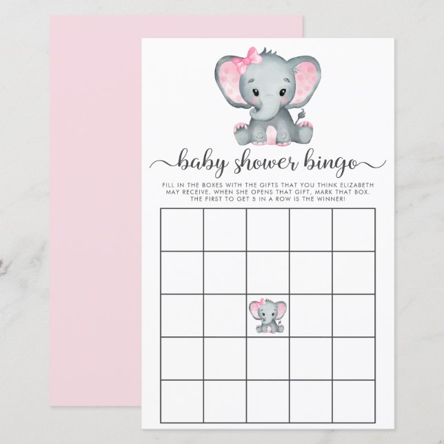 Elephant rose Aquarelle Bingo Jeu de douche Bingo (Devant / Derrière)
