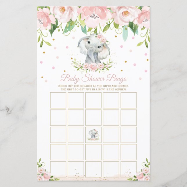 Elephant rose Baby shower Floral Jeu de Bingo (Devant)