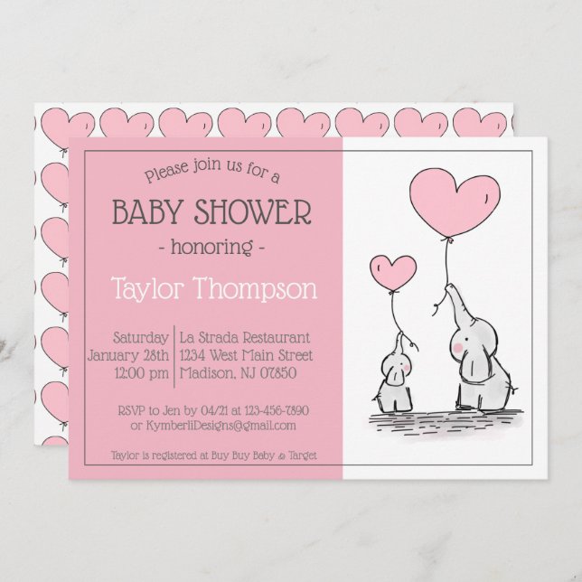 Eléphant rose Bébé ballon coeur douche Invitation (Devant / Derrière)