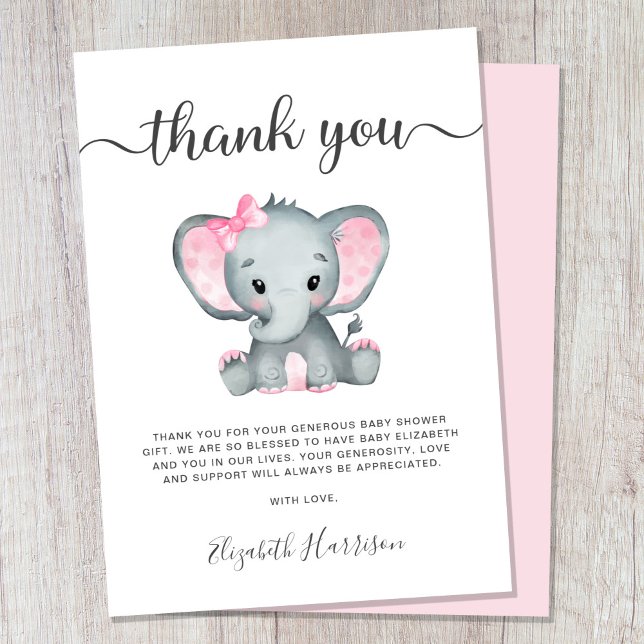 Eléphant rose bébé fille douche Carte de remerciem (Créateur téléchargé)