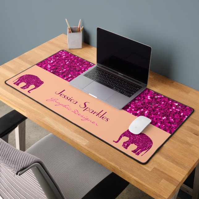 Éléphant rose scintillant personnalisé avec nom (Bureau 2)