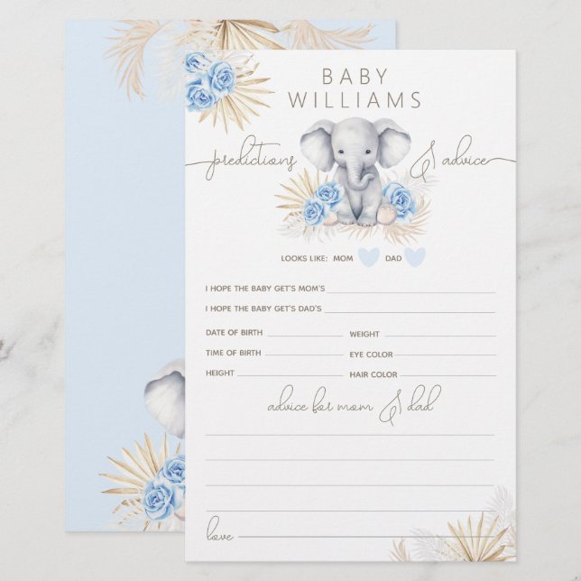 Elephant Safari Baby shower garçon jeu de prédicti (Devant / Derrière)