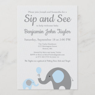 Elephant Sip et voir les invitations en bleu et gr