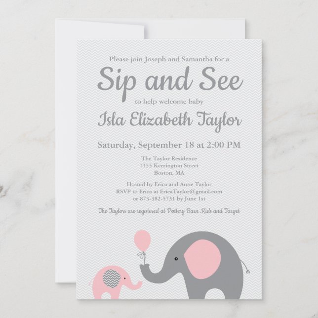 Elephant Sip et voir les invitations en rose et gr (Devant)