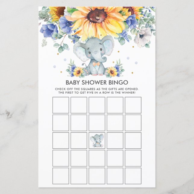 Elephant Sunflower Blue Baby shower Bingo Jeu (Devant)