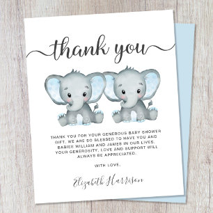 Elephant Twin Baby Boys Douche Carte de remercieme