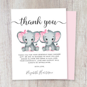 Eléphant Twin Baby Girls Douche Carte de remerciem