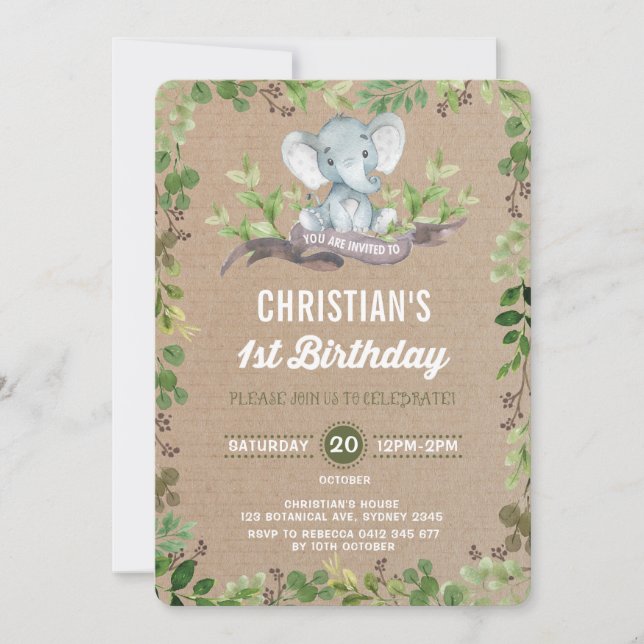 Elephant vert rustique 1er anniversaire Invitation (Devant)
