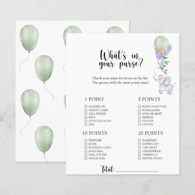 Elephant - Whats dans votre sac à baby shower jeu (Devant / Derrière)