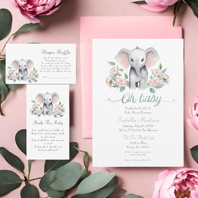 Éléphanteau avec Pivoines, Faire-Part de Naissance (This charming invitation will delight your guests with a baby elephant surrounded by peonies.)