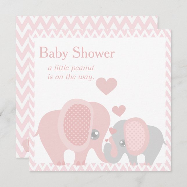 Eléphants adorables, Baby Girl Shower Invitation (Devant / Derrière)