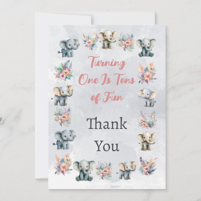 Eléphants Boho Jungle Fleurs Gris Carte de remerci (Devant)